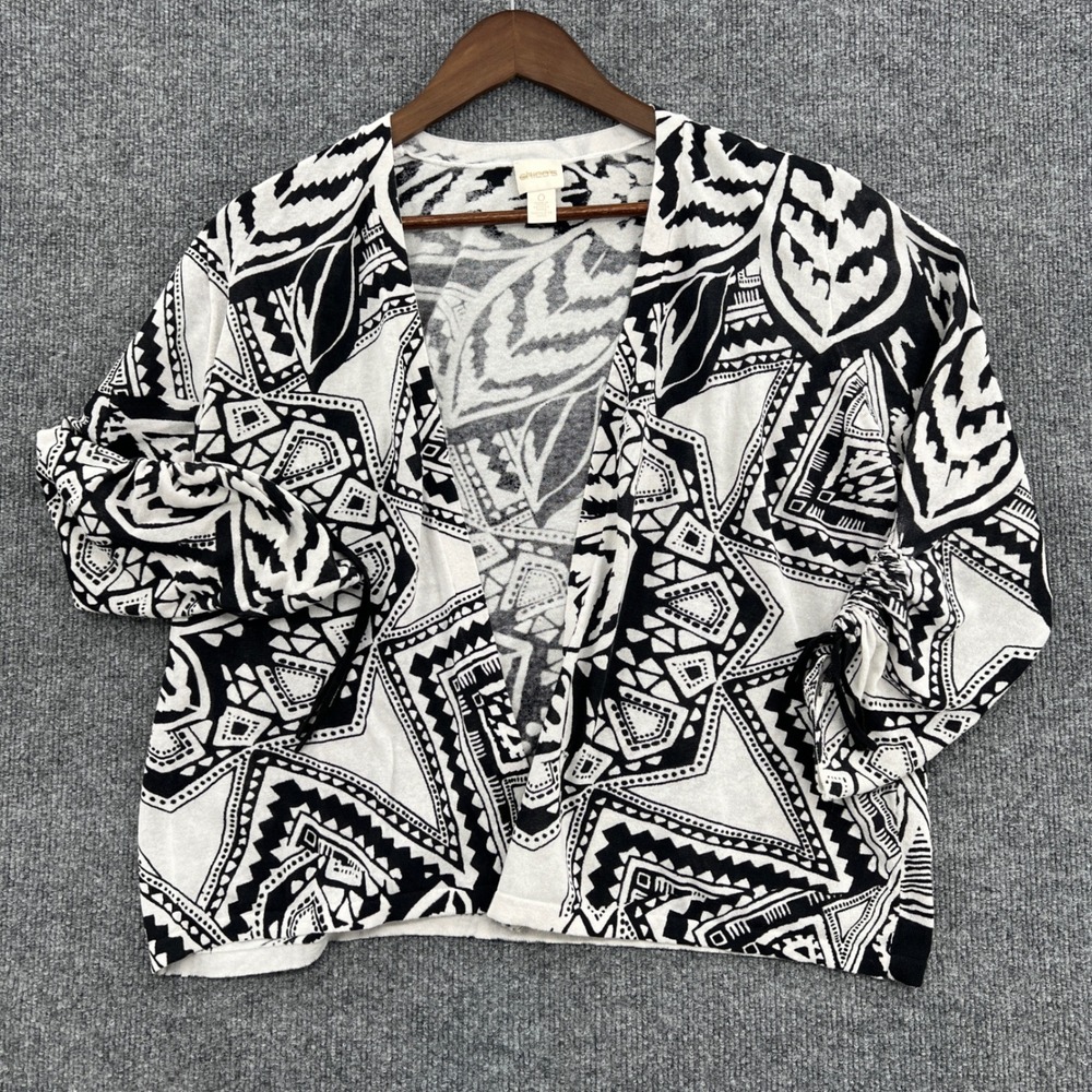 Chico's Floral Cardigan Sweater Womens 0 S Black White Tribal Ruched Sleeve Boho